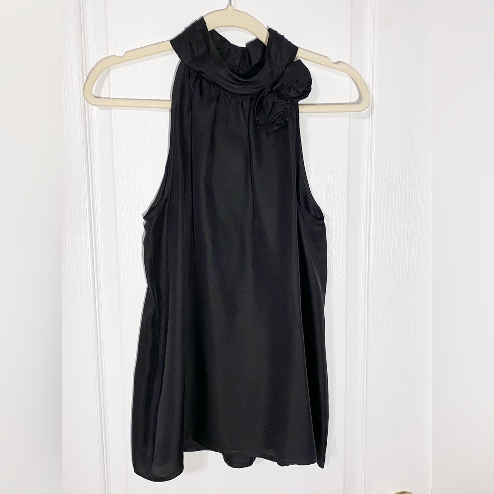 Y2K VTG Cynthia Rowley SILK Rosette High Neck Sleeveless Blouse Black Size Large